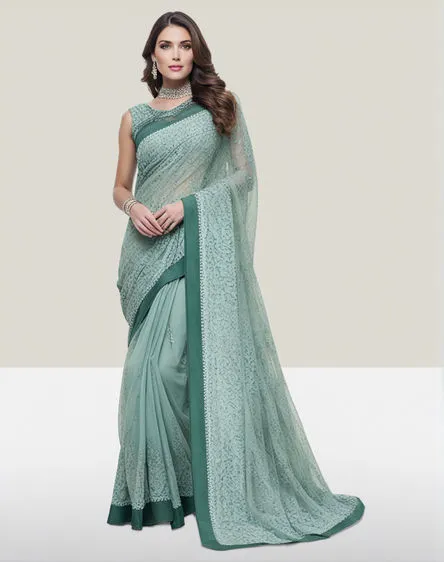 Womens Stylish Linen Blend Saree Set with Matching Blouse